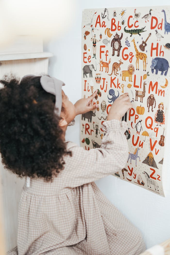 Projekte und Ziele A young girl interacting with a colorful alphabet poster at home.